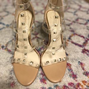 -SOLD- Jessica Simpson Clear Gold Tan Heels